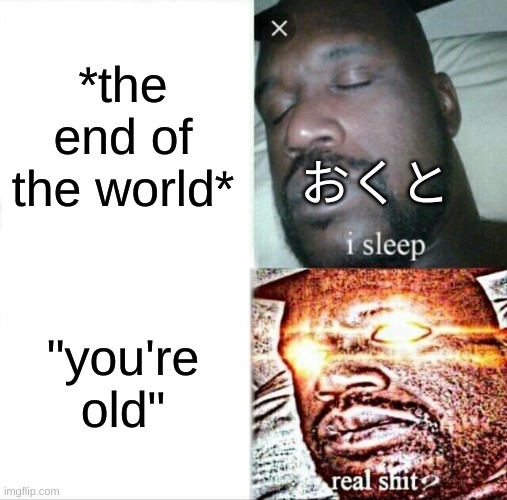 Sleeping Shaq | *the end of the world*; おくと; "you're old" | image tagged in memes,sleeping shaq,drm oc | made w/ Imgflip meme maker