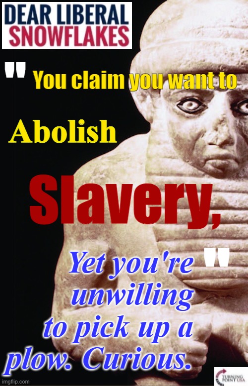 Instead of plowing our fields, they'd rather churn out tablets claiming they're morally superior. | You claim you want to; "; Abolish; Slavery, Yet you're unwilling to pick up a plow. Curious. " | image tagged in sumerian dear liberal snowflakes,dear,liberal,snowflakes,leftist,hypocrisy | made w/ Imgflip meme maker