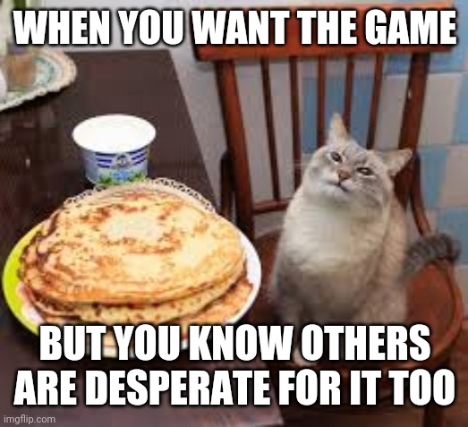 Blini Cat | WHEN YOU WANT THE GAME; BUT YOU KNOW OTHERS ARE DESPERATE FOR IT TOO | image tagged in blini cat | made w/ Imgflip meme maker