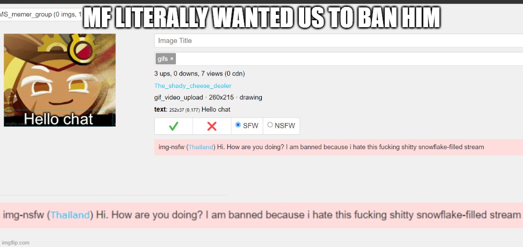 wtf | MF LITERALLY WANTED US TO BAN HIM | made w/ Imgflip meme maker