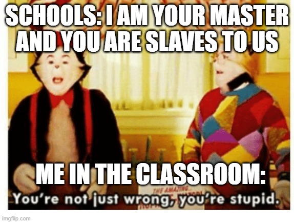 School system be like: |  SCHOOLS: I AM YOUR MASTER AND YOU ARE SLAVES TO US; ME IN THE CLASSROOM: | image tagged in you're not just wrong your stupid,school | made w/ Imgflip meme maker