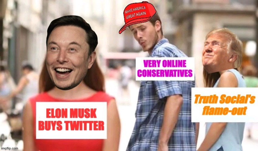 Donald Trump's "Truth Social" was in not-stonks status on today's news. Sad! | image tagged in elon musk buys twitter vs truth social flame-out,elon musk,twitter,social media,donald trump,maga | made w/ Imgflip meme maker