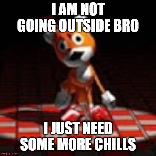 my last meme (because i'm sick) (if i stop being sick then i will continue making memes) | I AM NOT GOING OUTSIDE BRO; I JUST NEED SOME MORE CHILLS | image tagged in tails doll,funny memes,certified bruh moment | made w/ Imgflip meme maker