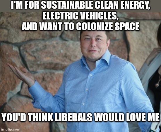 Democrats want a collective control over as much media as possible. This is why Elon is a threat | I'M FOR SUSTAINABLE CLEAN ENERGY,
ELECTRIC VEHICLES,
AND WANT TO COLONIZE SPACE; YOU'D THINK LIBERALS WOULD LOVE ME | image tagged in elon musk,twitter,social media,democrats,liberals | made w/ Imgflip meme maker