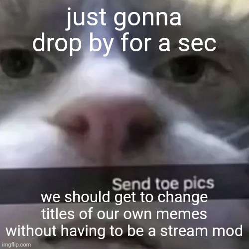 kat | just gonna drop by for a sec; we should get to change titles of our own memes without having to be a stream mod | image tagged in kat | made w/ Imgflip meme maker