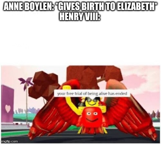 Your free trial of being alive has ended | ANNE BOYLEN: *GIVES BIRTH TO ELIZABETH*
HENRY VIII: | image tagged in your free trial of being alive has ended | made w/ Imgflip meme maker