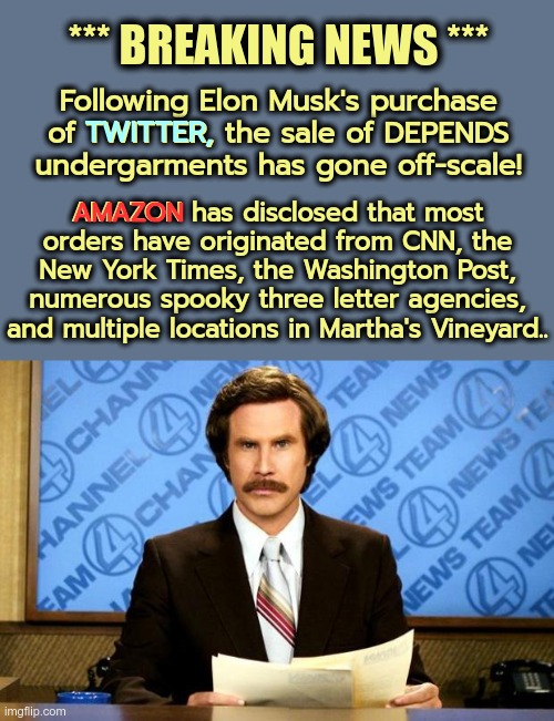 A lot of crooked spooks, media, and politicians are SOILING themselves tonight |  *** BREAKING NEWS ***; Following Elon Musk's purchase of TWITTER, the sale of DEPENDS undergarments has gone off-scale! TWITTER, AMAZON has disclosed that most orders have originated from CNN, the New York Times, the Washington Post, numerous spooky three letter agencies, and multiple locations in Martha's Vineyard.. AMAZON | image tagged in breaking news,truth hurts,crooked hillary,crooked obama,crooked media | made w/ Imgflip meme maker