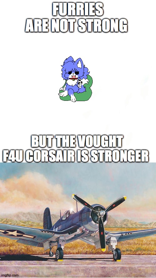 i see furry bullets go brrrrrrr | FURRIES ARE NOT STRONG; BUT THE VOUGHT F4U CORSAIR IS STRONGER | image tagged in large template white | made w/ Imgflip meme maker