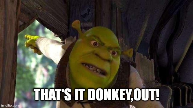 Shrek pointing | THAT'S IT DONKEY,OUT! | image tagged in shrek pointing | made w/ Imgflip meme maker