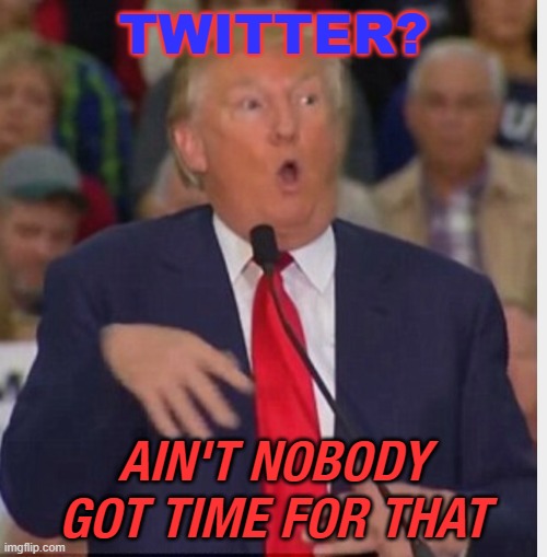 TWITTER?  Ain't Nobody Got Time for That | TWITTER? AIN'T NOBODY GOT TIME FOR THAT | image tagged in donald trump tho | made w/ Imgflip meme maker