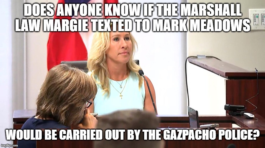 Margie Perjuring | DOES ANYONE KNOW IF THE MARSHALL LAW MARGIE TEXTED TO MARK MEADOWS; WOULD BE CARRIED OUT BY THE GAZPACHO POLICE? | image tagged in margie perjuring | made w/ Imgflip meme maker