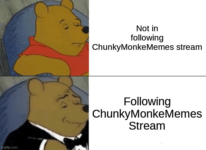 Tuxedo Winnie The Pooh | Not in following ChunkyMonkeMemes stream; Following ChunkyMonkeMemes Stream | image tagged in memes,tuxedo winnie the pooh | made w/ Imgflip meme maker