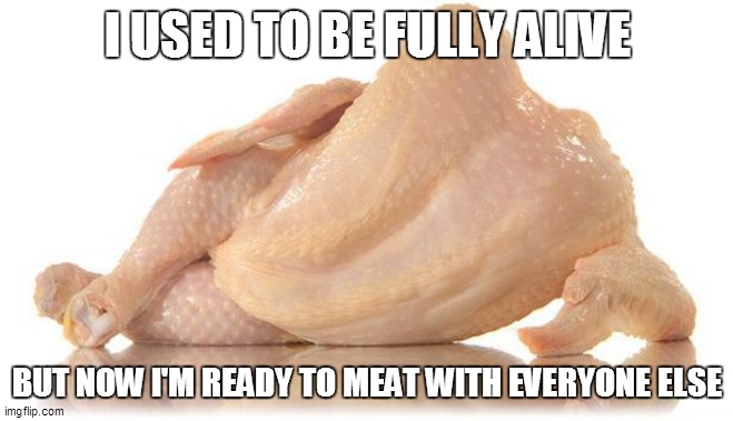 funky chicken | I USED TO BE FULLY ALIVE; BUT NOW I'M READY TO MEAT WITH EVERYONE ELSE | image tagged in sexy chicken,memes,repost,reposts | made w/ Imgflip meme maker