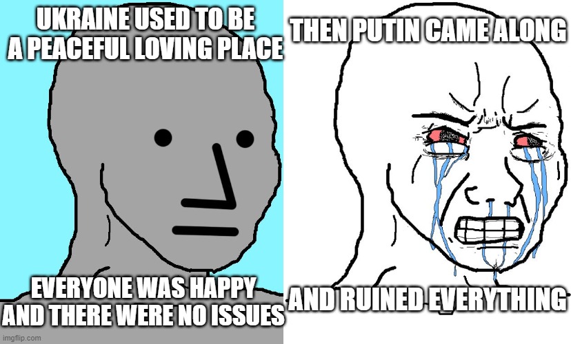 Except for the biolabs | THEN PUTIN CAME ALONG; UKRAINE USED TO BE A PEACEFUL LOVING PLACE; AND RUINED EVERYTHING; EVERYONE WAS HAPPY AND THERE WERE NO ISSUES | image tagged in memes,npc,crying liberal | made w/ Imgflip meme maker