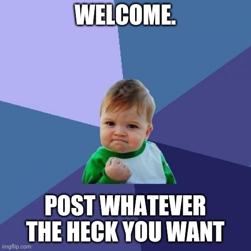 Welcome | WELCOME. POST WHATEVER THE HECK YOU WANT | image tagged in memes,success kid | made w/ Imgflip meme maker