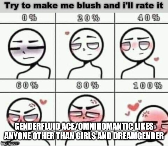 try to make me blush |  GENDERFLUID ACE/OMNIROMANTIC LIKES ANYONE OTHER THAN GIRLS AND DREAMGENDER | image tagged in try to make me blush | made w/ Imgflip meme maker