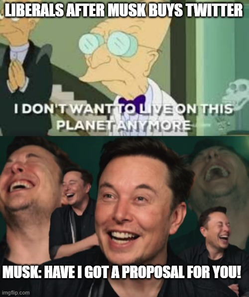 LIBERALS AFTER MUSK BUYS TWITTER; MUSK: HAVE I GOT A PROPOSAL FOR YOU! | image tagged in i don t want to live on this planet anymore,elon musk laughing | made w/ Imgflip meme maker