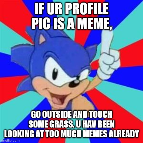 Sonic sez...stop looking at memes | IF UR PROFILE PIC IS A MEME, GO OUTSIDE AND TOUCH SOME GRASS. U HAV BEEN LOOKING AT TOO MUCH MEMES ALREADY | image tagged in sonic sez | made w/ Imgflip meme maker