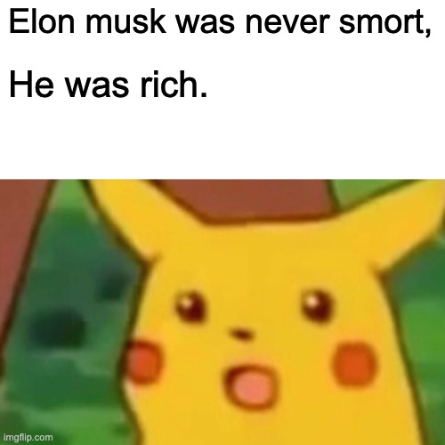 just telling the truth smh | Elon musk was never smort, He was rich. | image tagged in memes,surprised pikachu | made w/ Imgflip meme maker