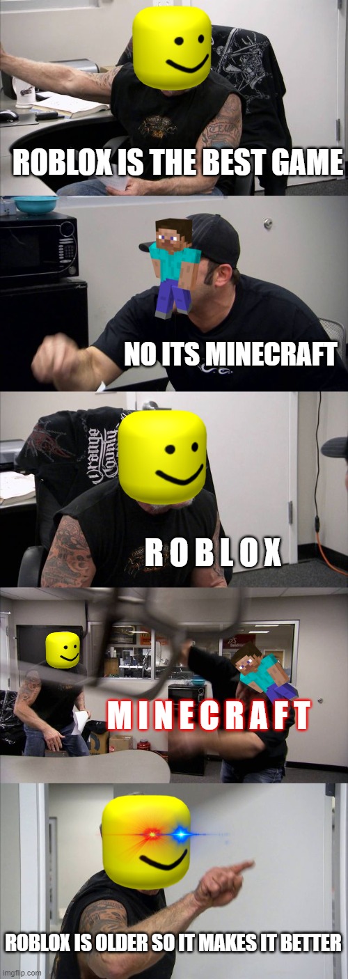 roblox vs minecraft |  ROBLOX IS THE BEST GAME; NO ITS MINECRAFT; R O B L O X; M I N E C R A F T; ROBLOX IS OLDER SO IT MAKES IT BETTER | image tagged in memes,american chopper argument | made w/ Imgflip meme maker