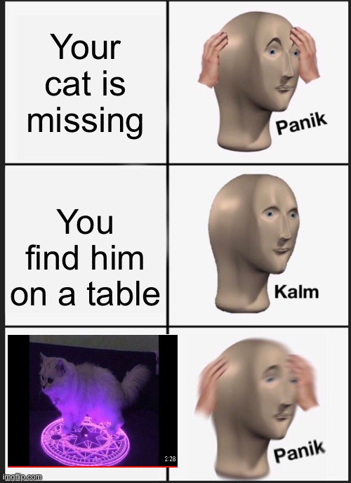 imAge title | Your cat is missing; You find him on a table | image tagged in memes,panik kalm panik,demonic little grey cat | made w/ Imgflip meme maker