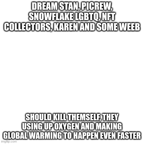 Blank Transparent Square Meme | DREAM STAN, PICREW, SNOWFLAKE LGBTQ, NFT COLLECTORS, KAREN AND SOME WEEB; SHOULD KILL THEMSELF, THEY USING UP OXYGEN AND MAKING GLOBAL WARMING TO HAPPEN EVEN FASTER | image tagged in memes,blank transparent square | made w/ Imgflip meme maker