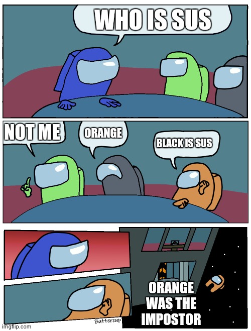 Among Us Meeting | WHO IS SUS; NOT ME; ORANGE; BLACK IS SUS; ORANGE WAS THE IMPOSTOR | image tagged in memes | made w/ Imgflip meme maker