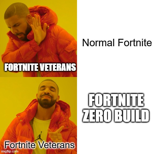 Drake Hotline Bling | Normal Fortnite; FORTNITE VETERANS; FORTNITE ZERO BUILD; Fortnite Veterans | image tagged in memes,drake hotline bling | made w/ Imgflip meme maker