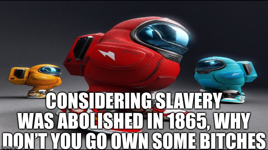 among us drip | CONSIDERING SLAVERY WAS ABOLISHED IN 1865, WHY DON’T YOU GO OWN SOME BITCHES | image tagged in among us drip | made w/ Imgflip meme maker