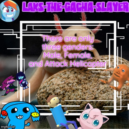 my temp I guess | There are only three genders:
Male, Female, and Attack Helicopter | image tagged in my temp i guess | made w/ Imgflip meme maker