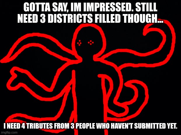 corrupt is the happ | GOTTA SAY, IM IMPRESSED. STILL NEED 3 DISTRICTS FILLED THOUGH... I NEED 4 TRIBUTES FROM 3 PEOPLE WHO HAVEN'T SUBMITTED YET. | image tagged in black background | made w/ Imgflip meme maker