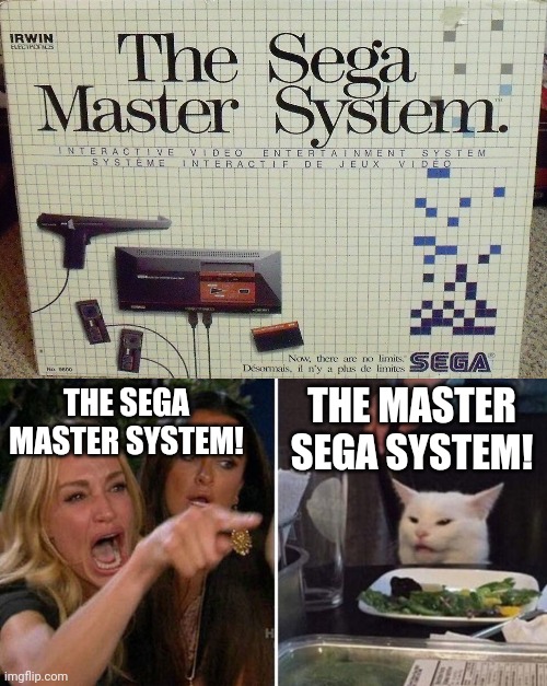 Sega Master System Argument! | THE SEGA MASTER SYSTEM! THE MASTER SEGA SYSTEM! | image tagged in sega master system,woman argues with cat | made w/ Imgflip meme maker