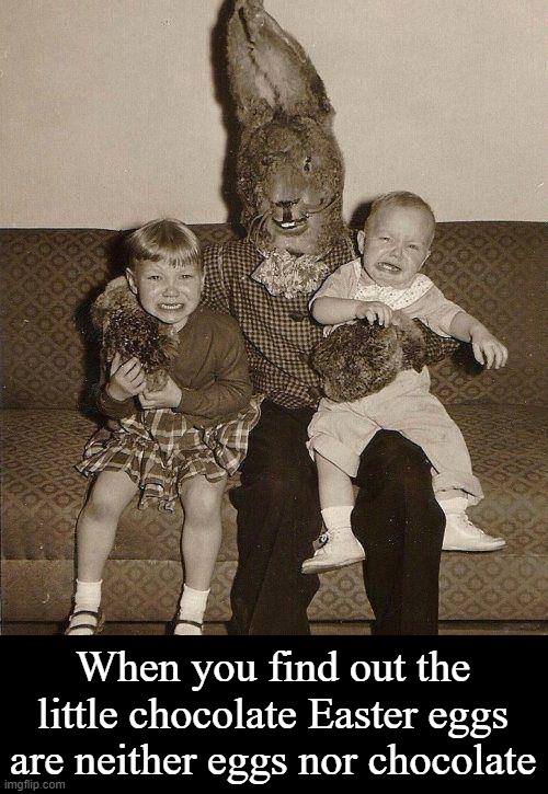 Creepy easter bunny | When you find out the little chocolate Easter eggs are neither eggs nor chocolate | image tagged in creepy easter bunny,easter eggs,chocolate | made w/ Imgflip meme maker