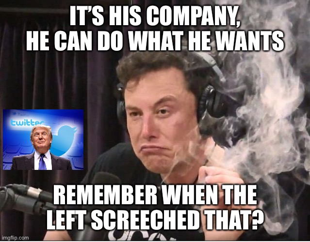 Bwahahahahahaha |  IT’S HIS COMPANY, HE CAN DO WHAT HE WANTS; REMEMBER WHEN THE LEFT SCREECHED THAT? | image tagged in elon musk smoking a joint,leftist tears,progressive tears,lol,how the turn tables | made w/ Imgflip meme maker