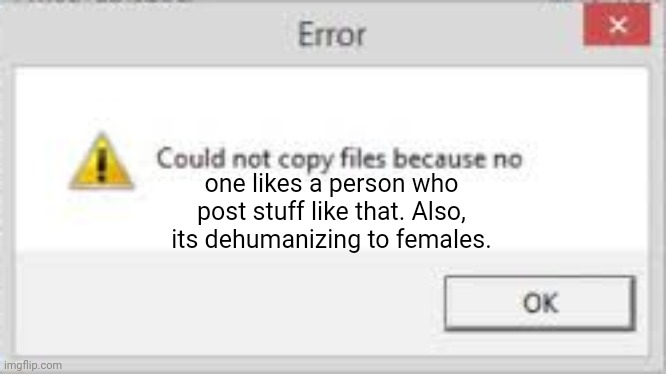 It was a post nozomi made... | one likes a person who post stuff like that. Also, its dehumanizing to females. | image tagged in could not copy files because no | made w/ Imgflip meme maker