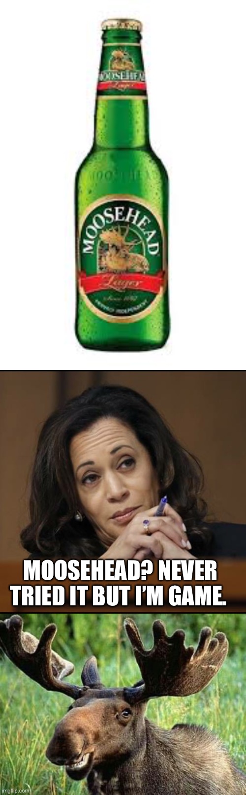 MOOSEHEAD? NEVER TRIED IT BUT I’M GAME. | image tagged in kamala harris | made w/ Imgflip meme maker