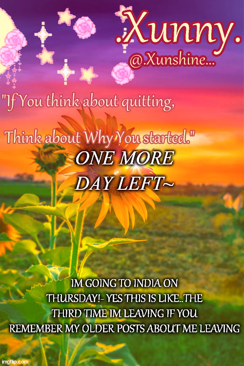 :D | ONE MORE DAY LEFT~; IM GOING TO INDIA ON THURSDAY!- YES THIS IS LIKE..THE THIRD TIME IM LEAVING IF YOU REMEMBER MY OLDER POSTS ABOUT ME LEAVING | image tagged in xunn | made w/ Imgflip meme maker