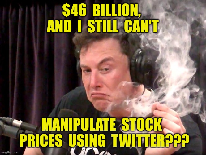 The SEC Trumps Twitter censors. |  $46  BILLION,  AND  I  STILL  CAN'T; MANIPULATE  STOCK 
 PRICES  USING  TWITTER??? | image tagged in elon musk weed,twitter,sec | made w/ Imgflip meme maker