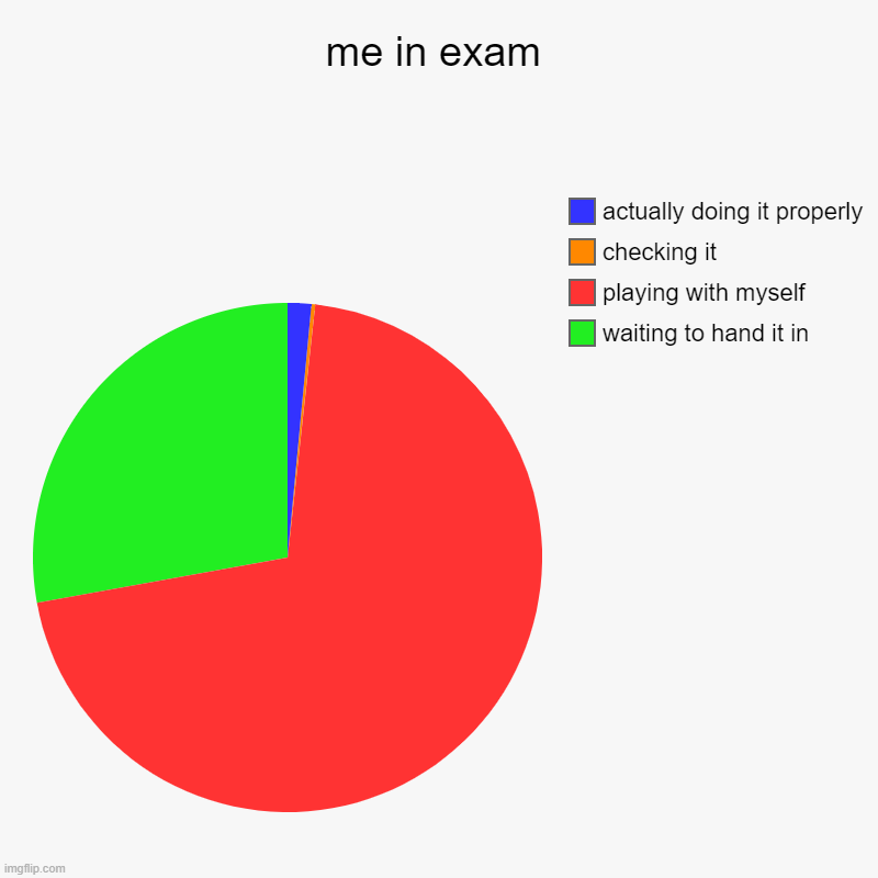 i love exams /j | me in exam | waiting to hand it in, playing with myself, checking it, actually doing it properly | image tagged in charts,pie charts | made w/ Imgflip chart maker