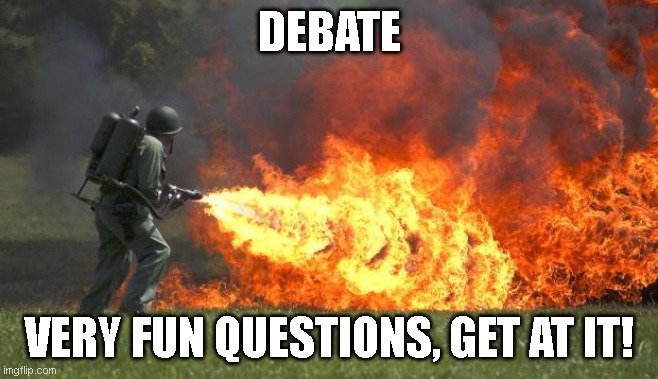Different sort of questions, but fidelweedsmoocher already got most of them and I wanted to do some weird stuff | DEBATE; VERY FUN QUESTIONS, GET AT IT! | image tagged in flamethrower | made w/ Imgflip meme maker