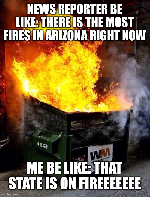 Funny mene |  NEWS REPORTER BE LIKE: THERE IS THE MOST FIRES IN ARIZONA RIGHT NOW; ME BE LIKE: THAT STATE IS ON FIREEEEEEE | image tagged in dumpster fire | made w/ Imgflip meme maker