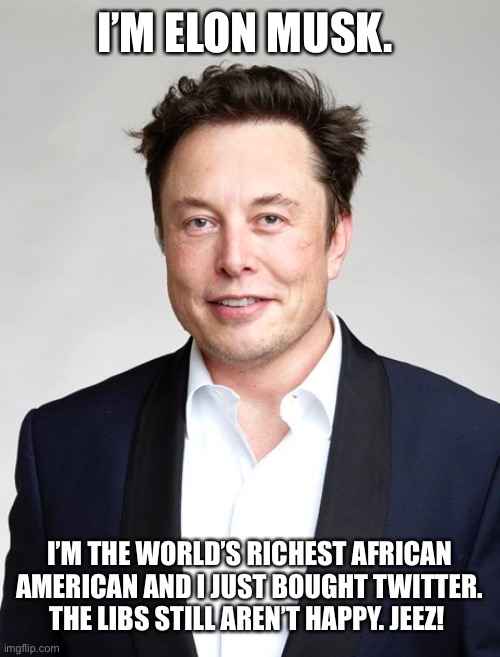 I’M ELON MUSK. I’M THE WORLD’S RICHEST AFRICAN AMERICAN AND I JUST BOUGHT TWITTER. THE LIBS STILL AREN’T HAPPY. JEEZ! | made w/ Imgflip meme maker