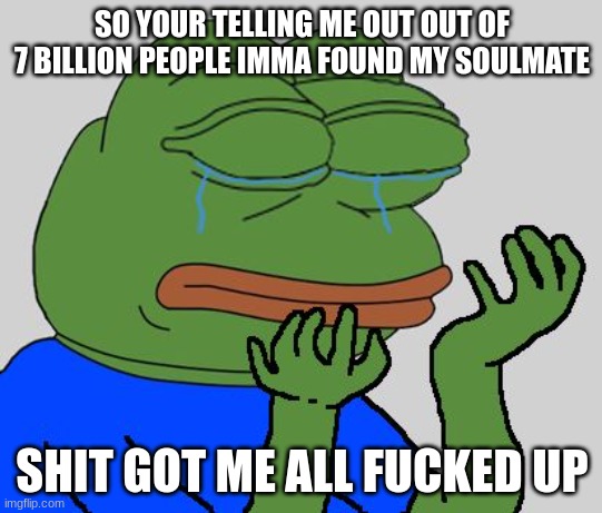 damn man | SO YOUR TELLING ME OUT OUT OF 7 BILLION PEOPLE IMMA FOUND MY SOULMATE; SHIT GOT ME ALL FUCKED UP | image tagged in pepe cry | made w/ Imgflip meme maker