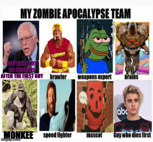 Zombie apocalypse team. Boy I sure hope zombies don't invade | GUY WHO DIES 20 SECONDS AFTER THE FIRST GUY; MONKEE | image tagged in my zombie apocalypse team,but why why would you do that,i dont know,zombie apocalypse | made w/ Imgflip meme maker