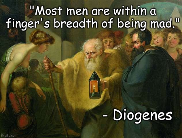 MEEEEEEEEEEEEEEEEE - hehe comic sans | "Most men are within a finger's breadth of being mad."; - Diogenes | image tagged in diogenes searching for an honest man | made w/ Imgflip meme maker