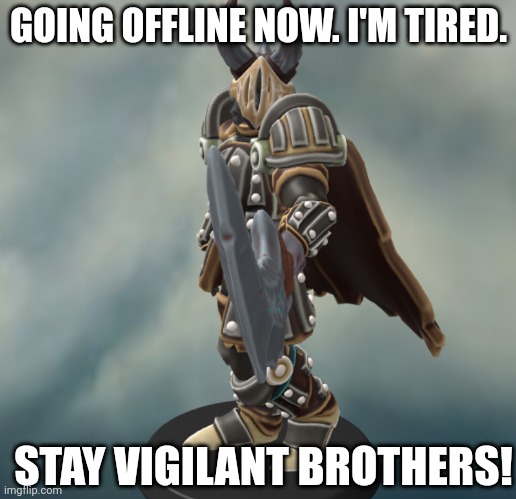 I'm going to sleep now | GOING OFFLINE NOW. I'M TIRED. STAY VIGILANT BROTHERS! | image tagged in mine | made w/ Imgflip meme maker