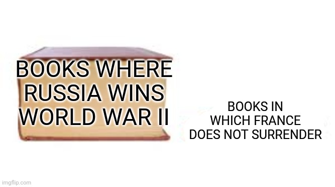 Big book small book | BOOKS WHERE RUSSIA WINS WORLD WAR II; BOOKS IN WHICH FRANCE DOES NOT SURRENDER | image tagged in big book small book | made w/ Imgflip meme maker