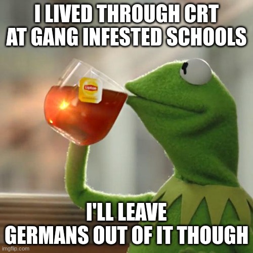 Pomona is a Greek. | I LIVED THROUGH CRT AT GANG INFESTED SCHOOLS; I'LL LEAVE GERMANS OUT OF IT THOUGH | image tagged in memes,but that's none of my business,kermit the frog | made w/ Imgflip meme maker
