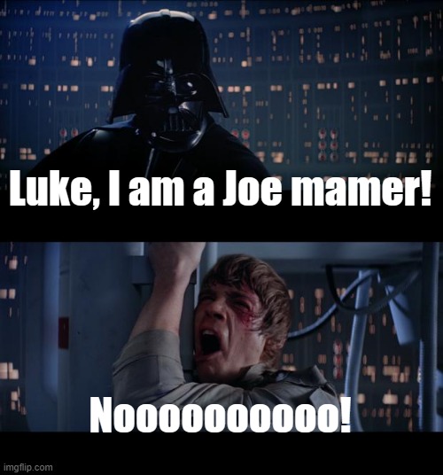 Sorry sir, I'm going next to a Joe mamer | Luke, I am a Joe mamer! Noooooooooo! | image tagged in memes,star wars no | made w/ Imgflip meme maker