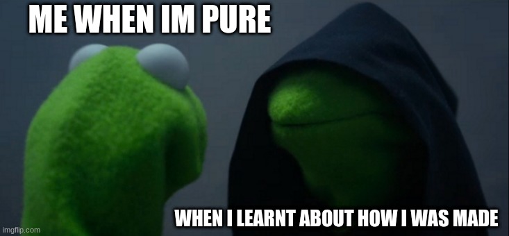Evil Kermit Meme | ME WHEN IM PURE; WHEN I LEARNT ABOUT HOW I WAS MADE | image tagged in memes,evil kermit | made w/ Imgflip meme maker